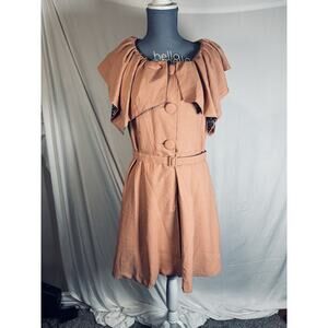 Ryu Large Blush Pink Belted Dress Ruffle Cape Sleeves Button Front Whimsy Retro